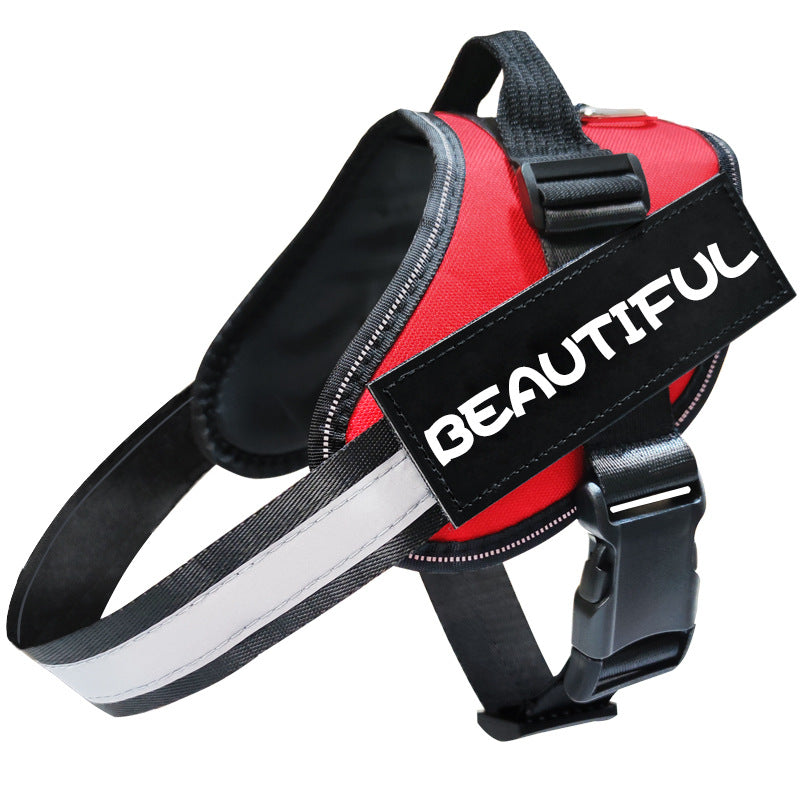 Red harness – “BEAUTIFUL” patch

red dog harness with black BEAUTIFUL patch adjustable for walking