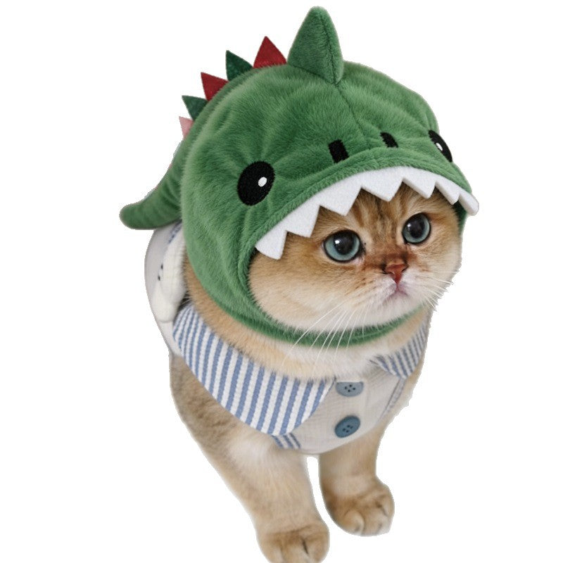 Dinosaur cat hood with elastic ball teaser toy attachment
