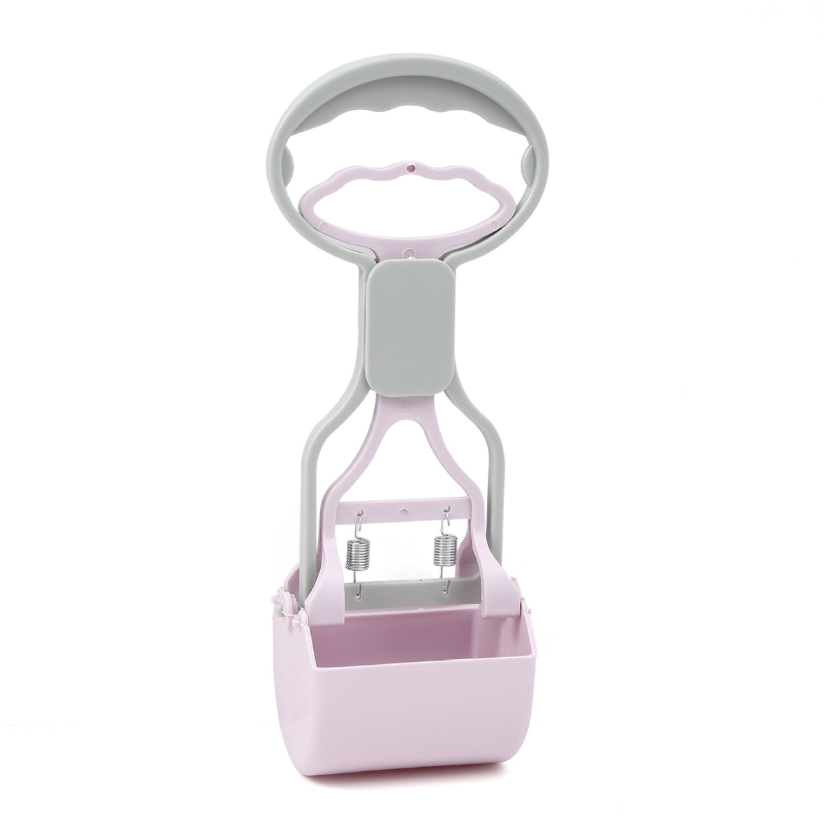 Pink and gray pet scoop with a white background