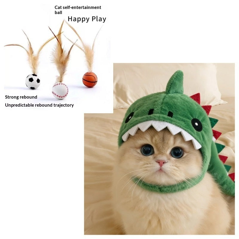 Cat wearing dinosaur headgear in playful pose