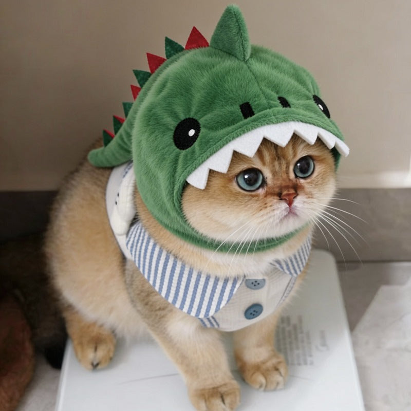 Cat in dinosaur headgear with bib accessory