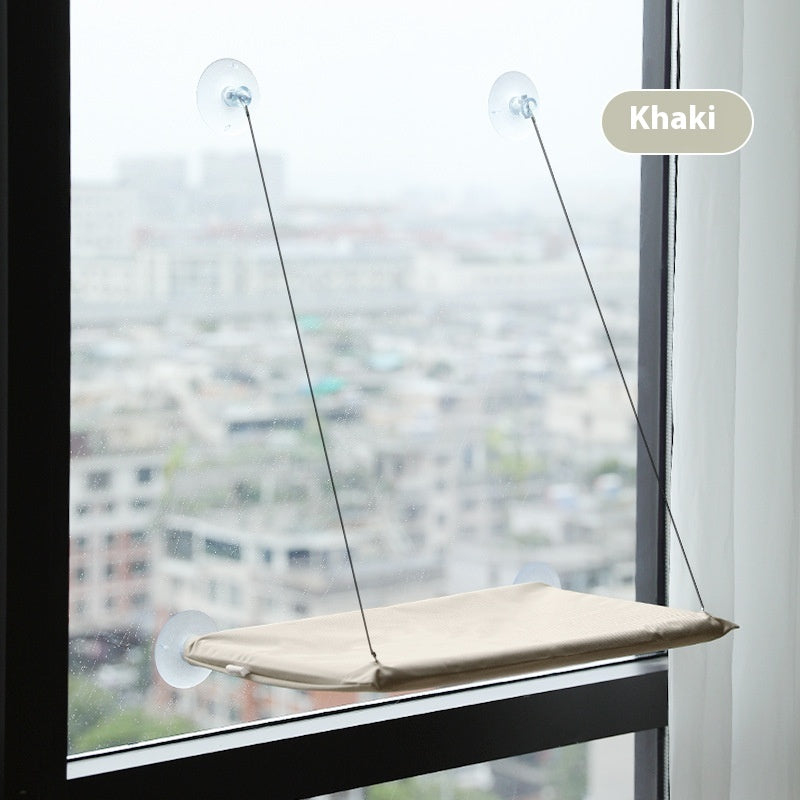 Khaki indoor cat sun perch hammock with secure suction cups for window