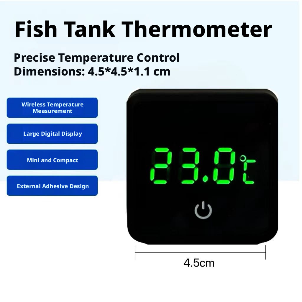Digital aquarium thermometer attached to fish tank glass