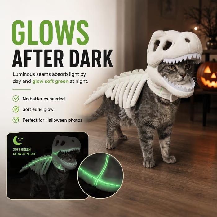 Small dog wearing spooky dinosaur skeleton hoodie costume
