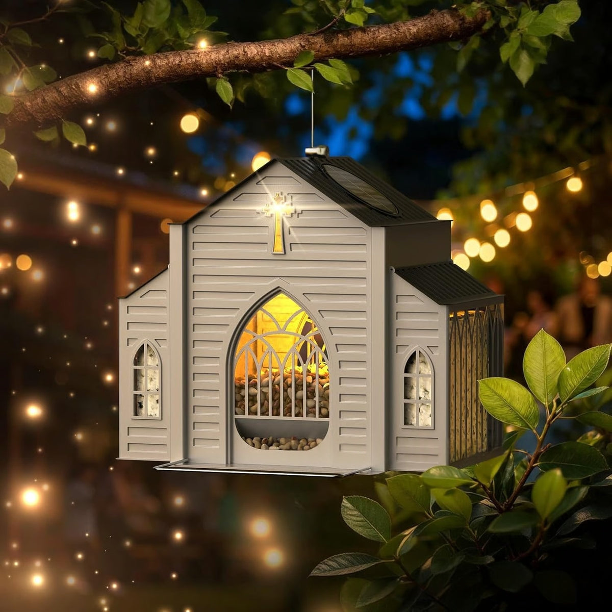 Solar-powered church-style decorative bird feeder