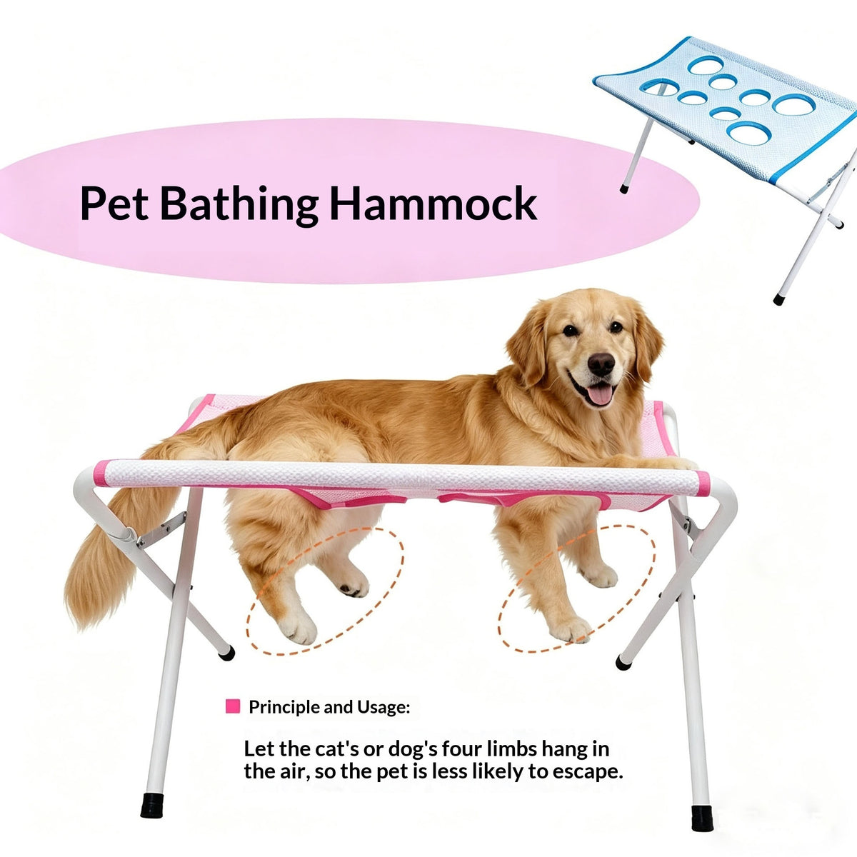 Cat secured in breathable mesh pet bath hammock in a sink
