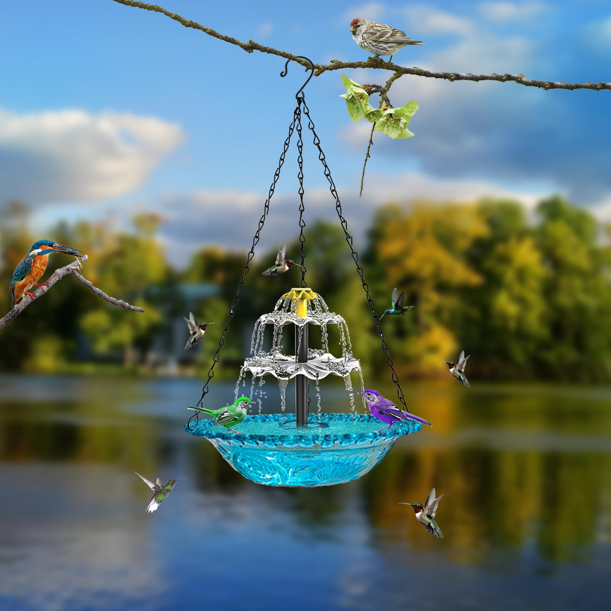 Solar-powered bird bath fountain for gardens