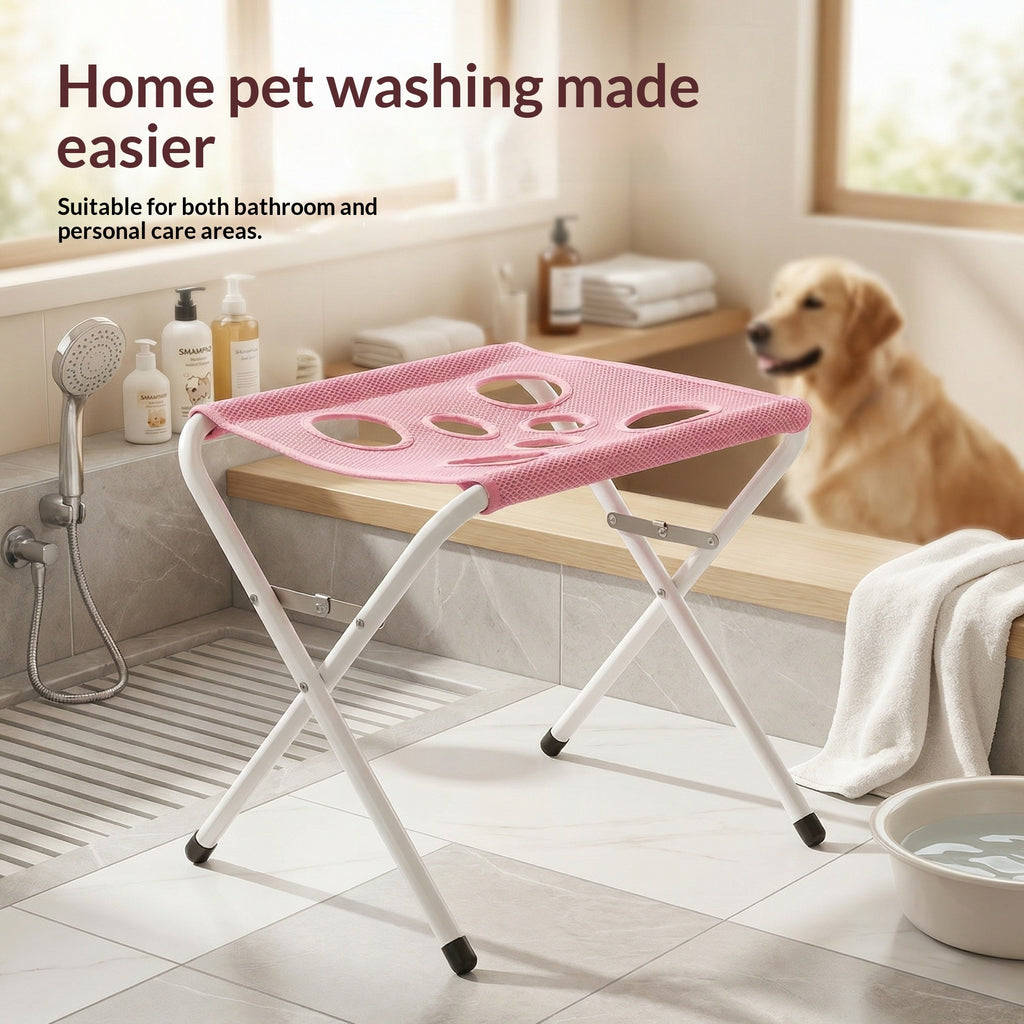 Dog being bathed calmly using the elevated pet bath hammock