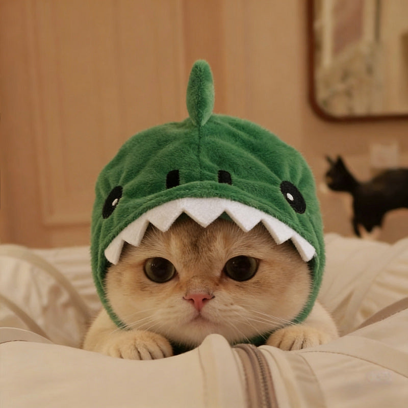 Full view of dinosaur hooded cat headgear product
